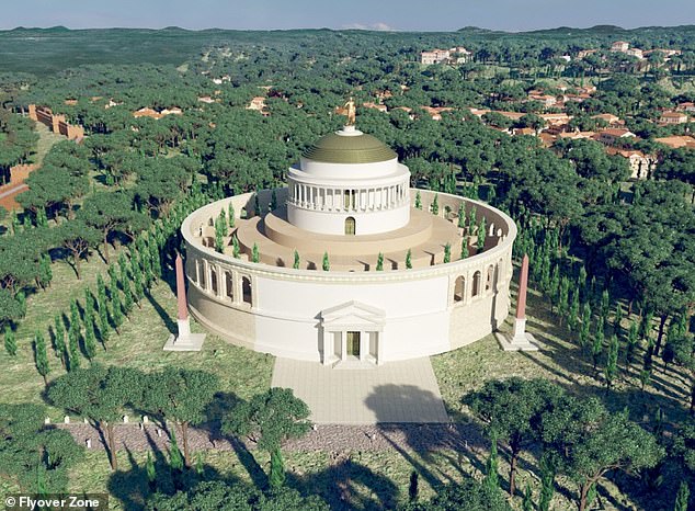 Abgebildet ist das Mausoleum des Augustus in seiner Blütezeit, das größte kreisförmige Grab der Welt
