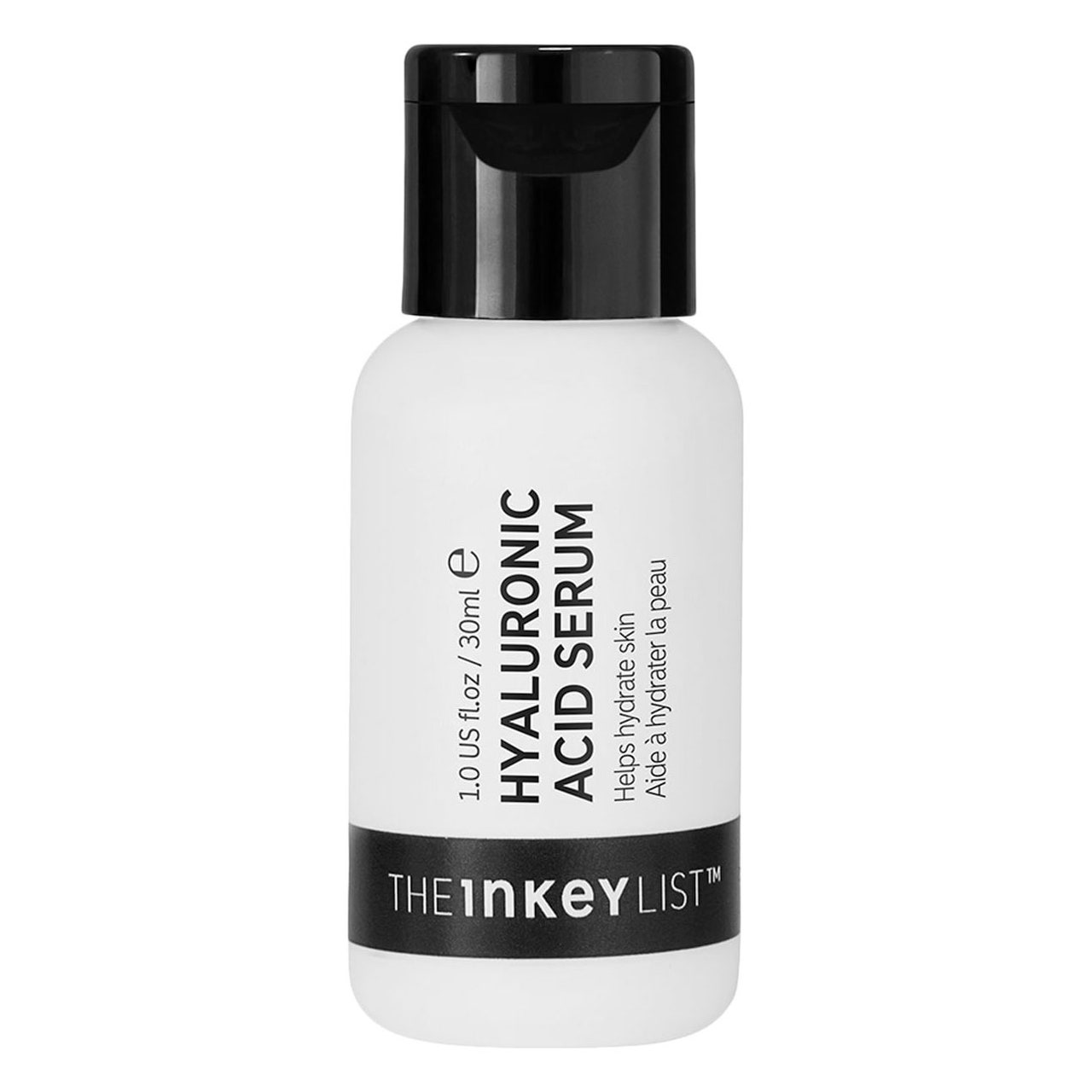 Weiße Flasche des Inkey List Hyaluronic Acid (HA) Hydrating Face Serum mit schwarzem Verschluss auf weißem Hintergrund