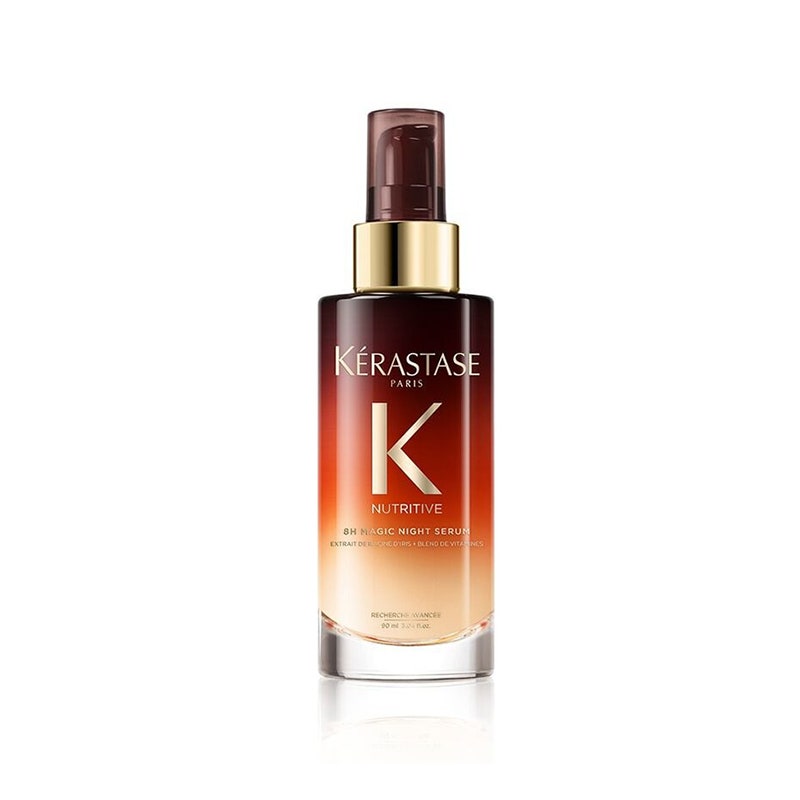 Kérastase Legacy 8H Magic Night Hair Serum: Eine mehrfarbige Pumpflasche auf weißem Hintergrund