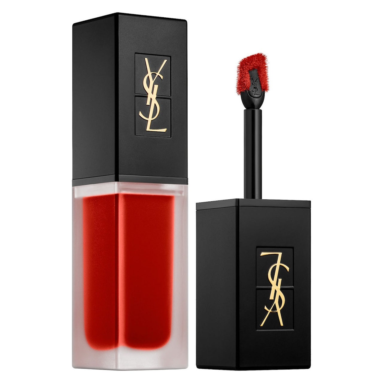   Yves Saint Laurent Tatouage Couture Velvet Cream Lippenstift in Rot mit schwarzer Kappe und Applikator auf weißem Hintergrund