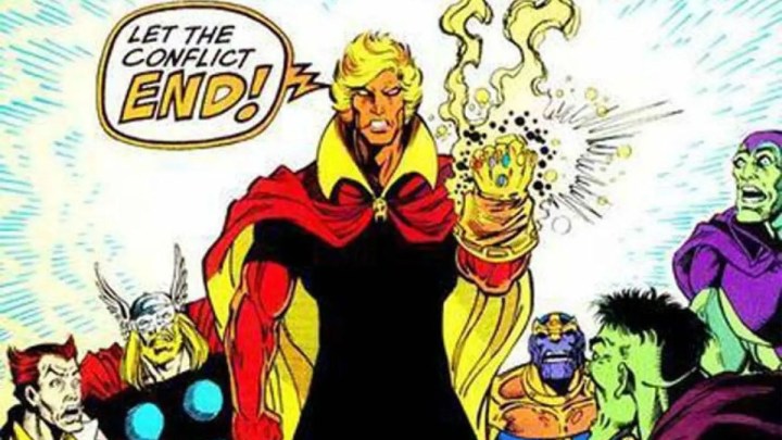 Adam Warlock nimmt den Infinity Gauntlet in einem klassischen Comic-Panel auf.