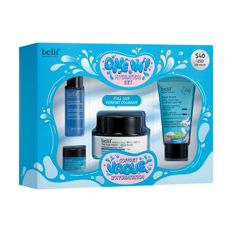 Belif Tauchen Sie ein!  Hydration Set: Eine blaue Box gefüllt mit vier Hautpflegeprodukten von Belif auf weißem Hintergrund