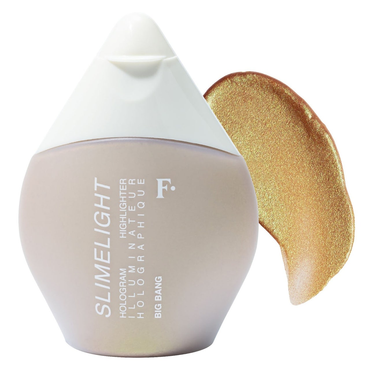 Freck Beauty Slimelight Highlighter Taupe-Flasche mit weißem Verschluss und goldenem Muster auf weißem Hintergrund