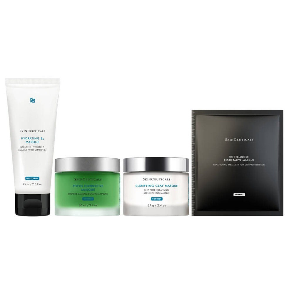 Skinceuticals At Home Masking Geschenkset mit vier Produkten auf weißem Hintergrund