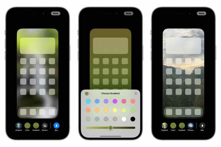 Drei iPhones zeigen Schritte zum Anpassen des Startbildschirmhintergrunds.