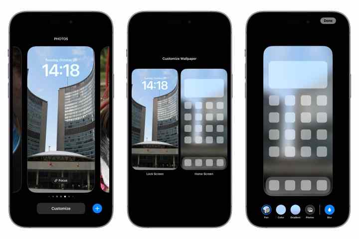 Drei iPhones zeigen Schritte zum Anpassen des Startbildschirmhintergrunds über den Sperrbildschirm in iOS 16.1.