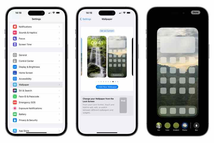 Drei iPhones zeigen Schritte zum Anpassen des Startbildschirmhintergrunds über die Einstellungs-App in iOS 16.1.