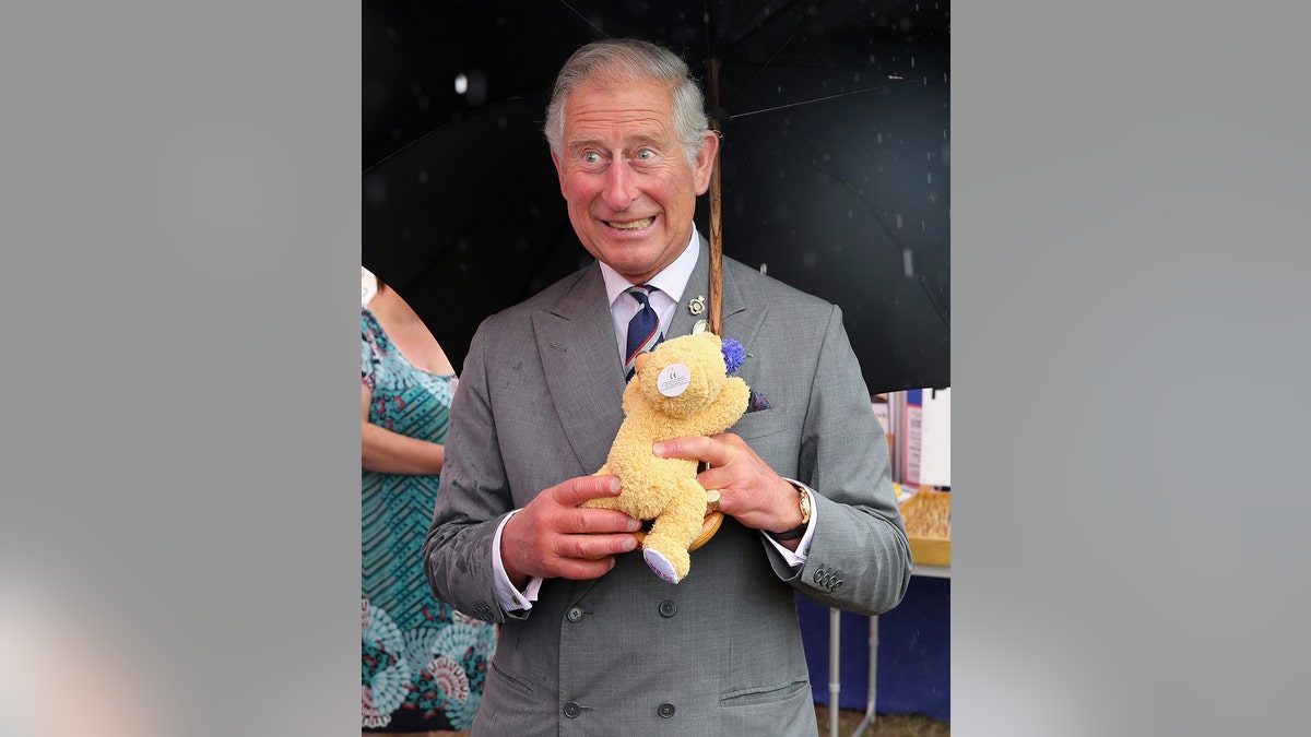 König Charles hält einen Teddybären.