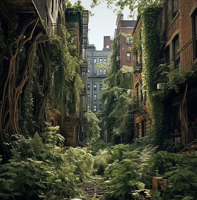 ChatGPT schreibt: „Ein Jahrhundert in der Zukunft liegt New York City in einem faszinierenden Schlaf, der Zähigkeit der Natur ausgeliefert.“  Einst ein Betondschungel, verschmelzen seine hoch aufragenden Wolkenkratzer nun nahtlos mit dem grünen Walddach, das sich über Manhattan erstreckt.