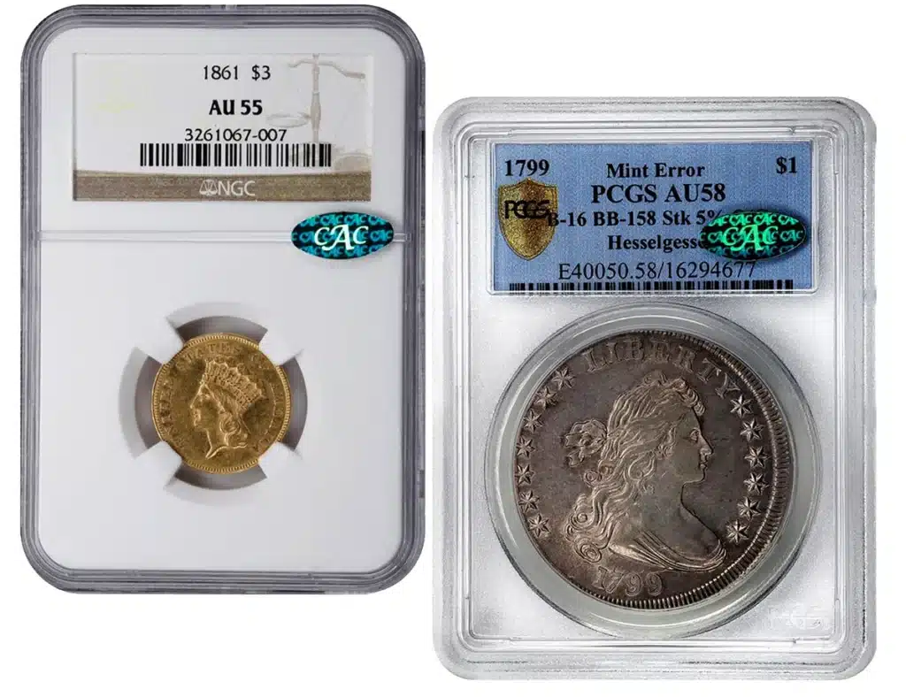 Links: (Los 6480) Drei-Dollar-Goldstück von 1861, bewertet mit NGC AU55 CAC.  Rechts: Dollar mit drapierter Büste von 1799 aus der Hesselgesser-Sammlung und bewertet mit PCGS AU58 CAC CMQ.