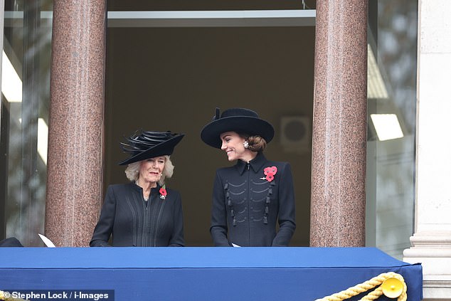 Wie es Tradition ist, entschied sich Camilla zum Gedenktag für Schwarz, als sie mit ihrer Schwiegertochter Kate Middleton auf einem Balkon in der Nähe des Kenotaphs stand