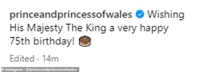 Das Paar veröffentlichte die Auswahl auf dem Konto @princeandprincessofwales und sagte: „Ich wünsche seiner Majestät dem König alles Gute zum 75. Geburtstag!“