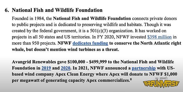 National Fish and Wildlife Foundation (NFWF) allegedly received $100,000 to $499,99 in 2019 and 2020 from Avangrid Renewables, also involved in an offshore wind project set for Massachusetts