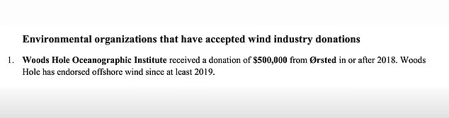 The documents, collected by the Save Right Whales Coalition, claim the non-profit organization dedicated to ocean research, Woods Hole Oceanographic, received a donation of $500,000 from Orsted 'in or after 2018'
