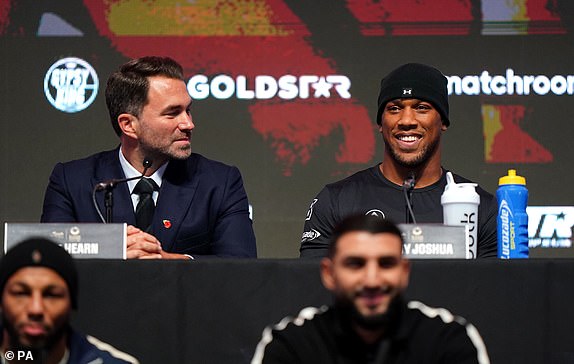 Anthony Joshua and promoter Eddie Hearn during a press conference at OVO Arena, Wembley, London. Picture date: Wednesday November 15, 2023. PA Photo. See PA story BOXING Riyadh. Photo credit should read: Adam Davy/PA Wire.RESTRICTIONS: Use subject to restrictions. Editorial use only, no commercial use without prior consent from rights holder.