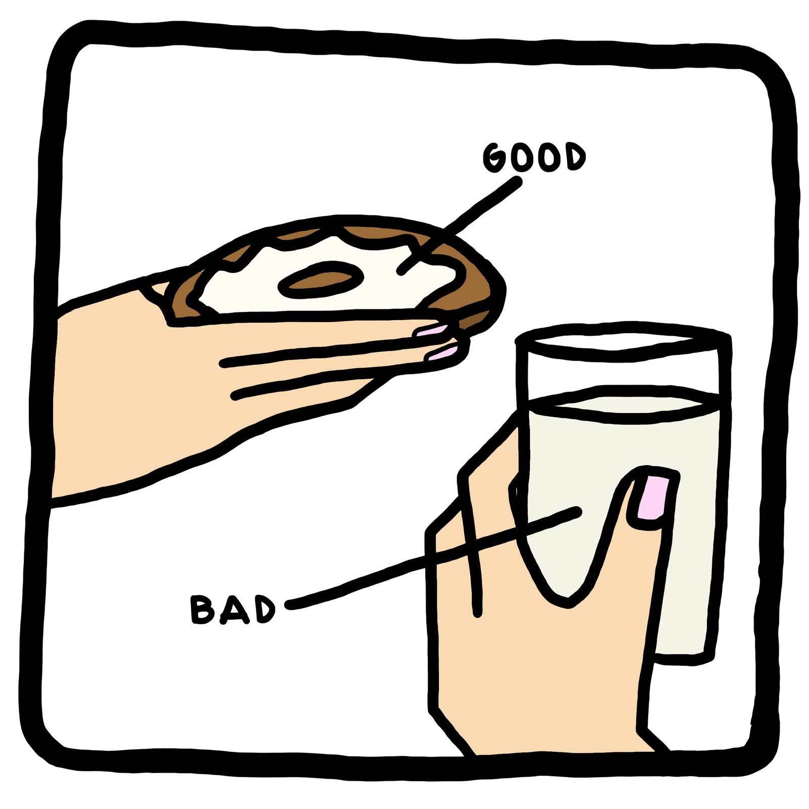 Eine Hand hält einen Bagel mit Frischkäse und eine Hand hält ein Glas Milch.