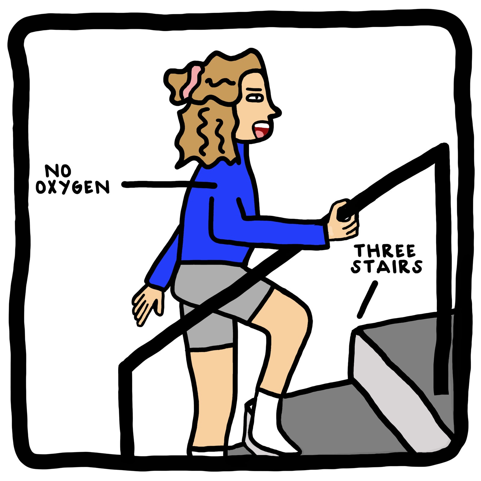 Frau außer Atem beim Treppensteigen.