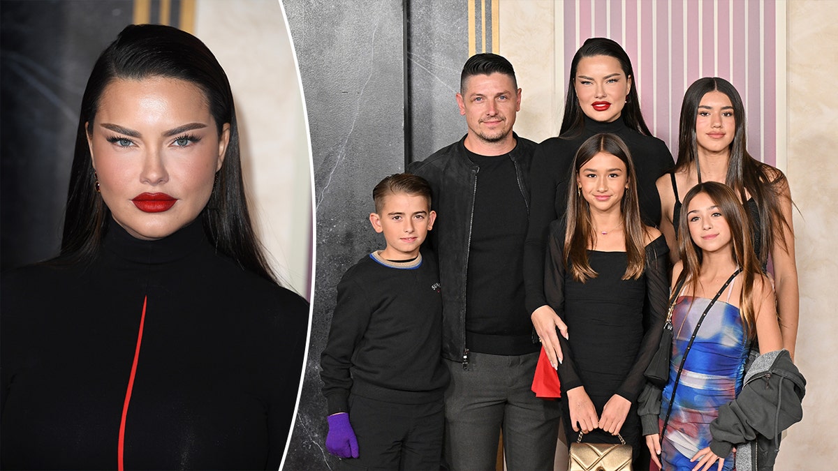 Adriana Lima mit schwarzem Schmollmund auf dem roten Teppich teilte ein Foto von ihr und ihrem Partner und drei Kindern