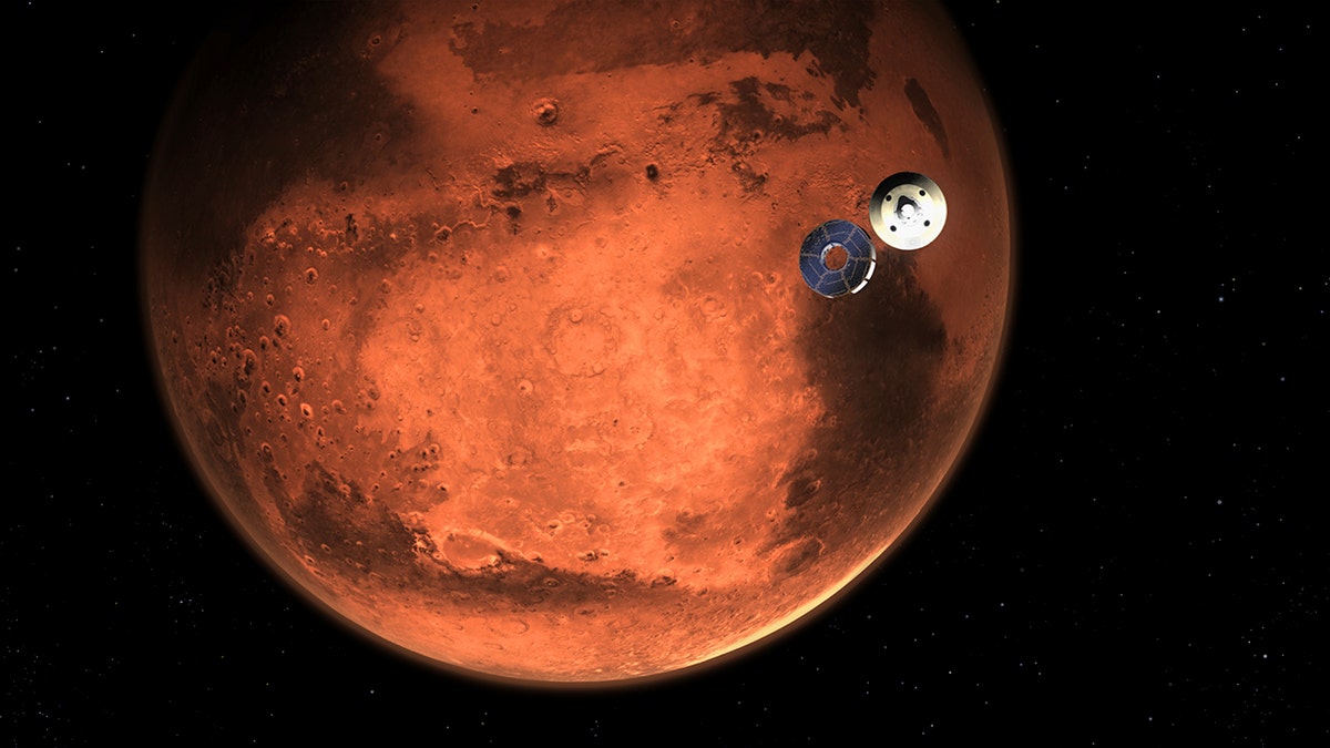 Ein kleines landendes Raumschiff nähert sich dem Mars, es ist eine Illustration der NASA