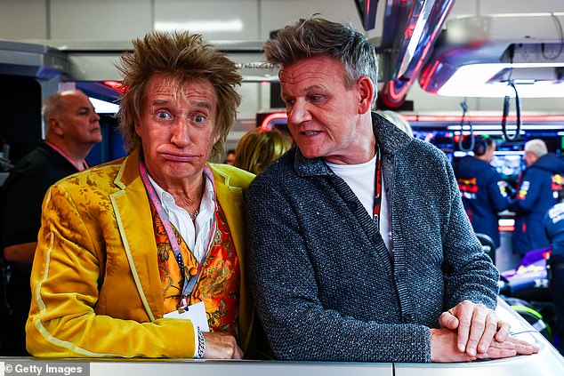 Meanwhile, Rod Stewart and Gordon Ramsay made an unlikely pair as they chatted in the Red Bull garage
