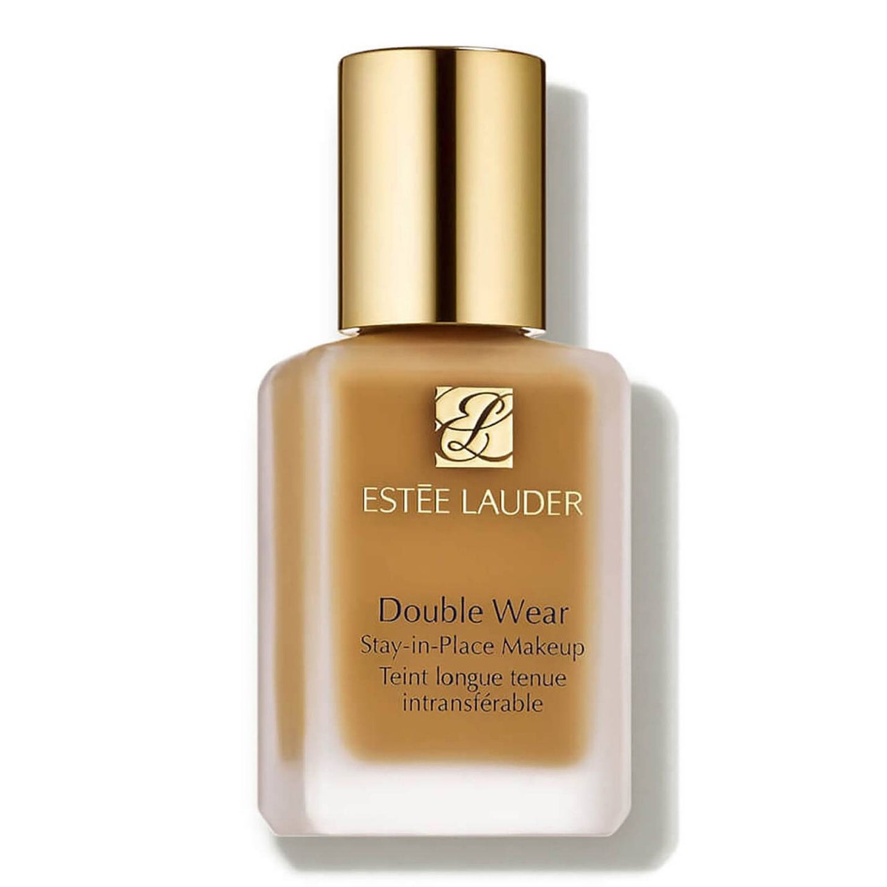 Estée Lauder Double Wear Stay-in-Place Makeup, rechteckige Flasche Foundation mit goldenem Verschluss auf weißem Hintergrund
