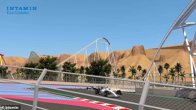 Auf dem Bild rasen Autos im Formel-1-Stil um die Achterbahn im Six Flags Qiddiya