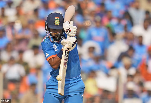 India's wicketkeeper KL Rahul plays a shot during the ICC Men's Cricket World Cup final match between India and Australia in Ahmedabad, India, Sunday, Nov.19, 2023. (AP Photo/Aijaz Rahi)