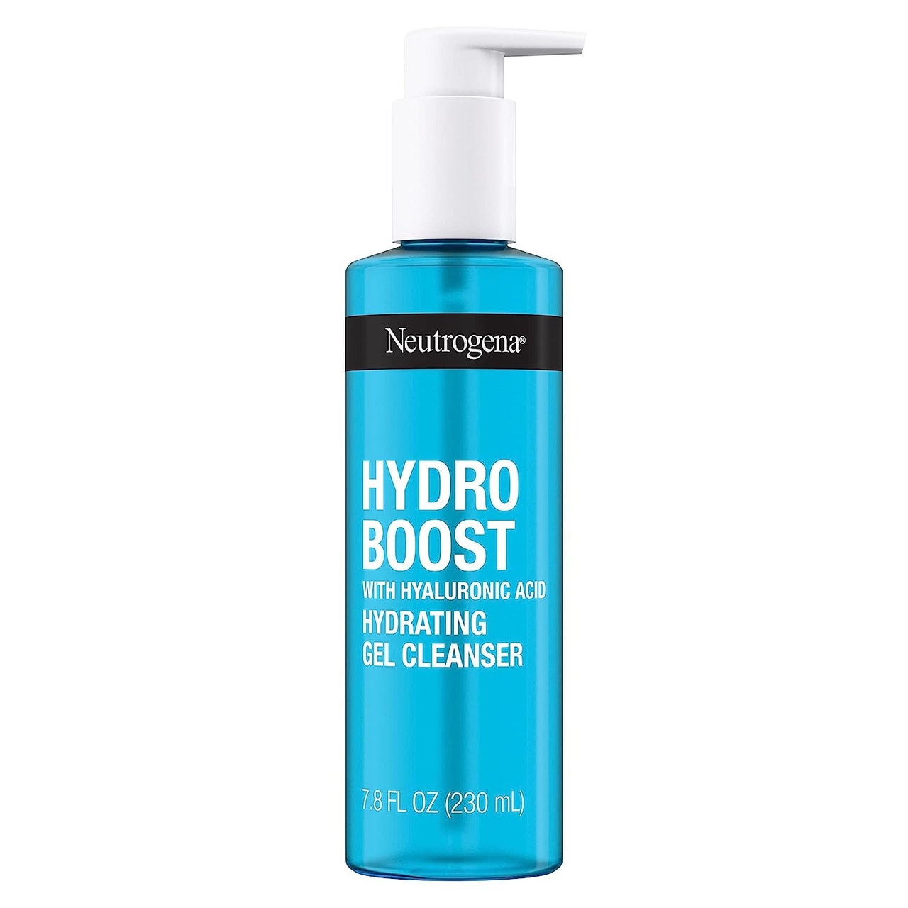   Neutrogena Hydro Boost Cleanser türkisfarbene Flasche mit weißem Pumpverschluss auf weißem Hintergrund