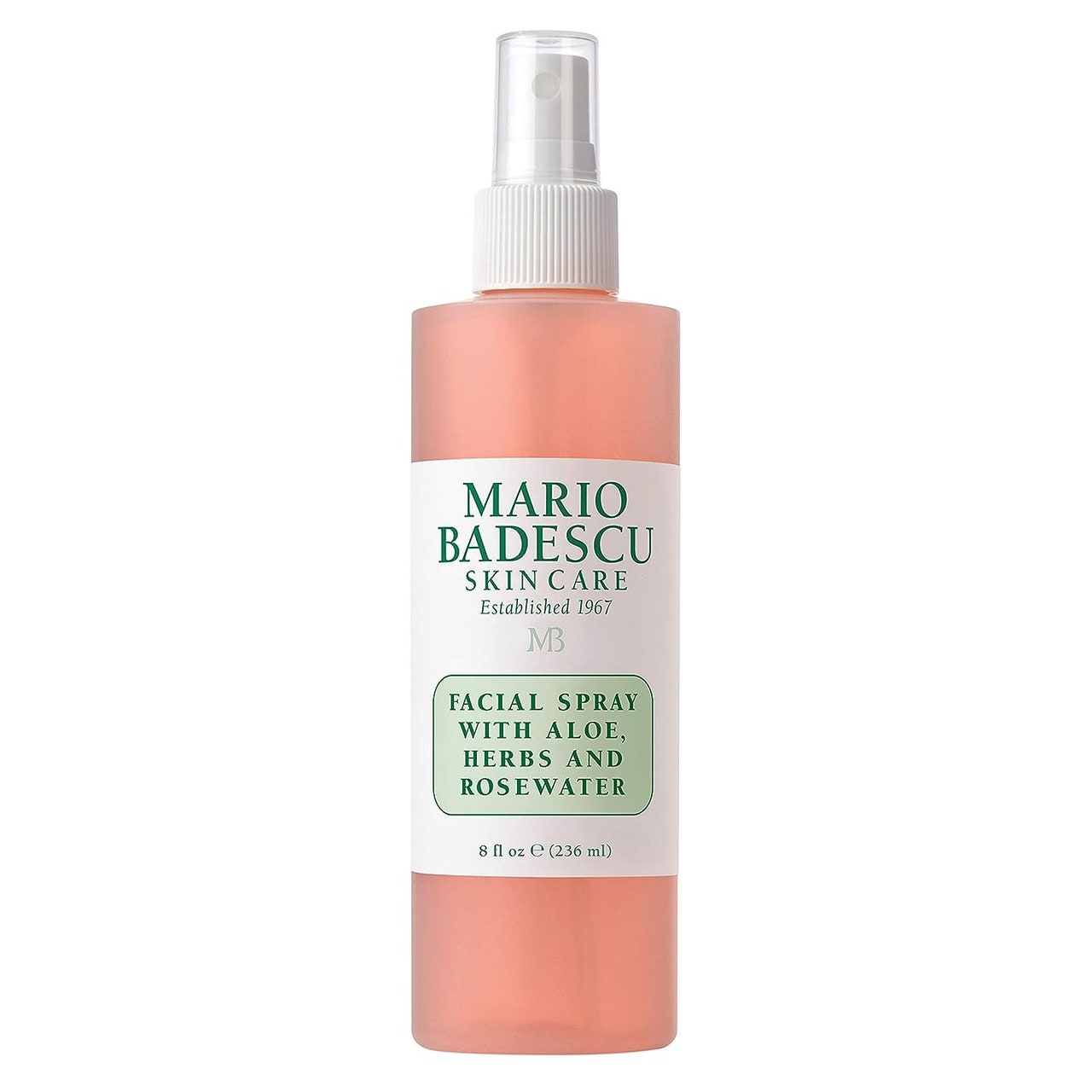 Mario Badescu Facial Spray Sprühflasche mit pfirsichfarbenem Gesichtsspray mit weißem Etikett auf weißem Hintergrund