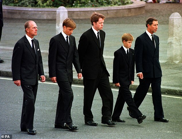 (Left to right) the Duke of Edinburgh, Prince William, Earl Althorp, Prince Harry and the then Prince of Wales walking behind Diana, the Princess of Wales' funeral cortege