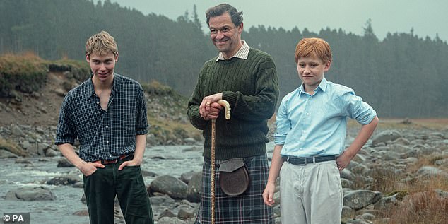 Recalling the chat, the Princes expressed their regret that they were desperate to go back outside and play with their cousins, who were also at Balmoral (pictured: Prince Charles (Dominic West) and his sons in The Crown)