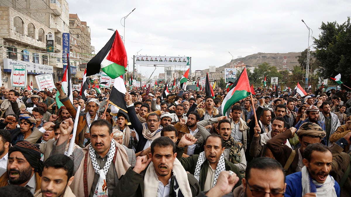 Demonstranten im Jemen schwenken die palästinensische Flagge