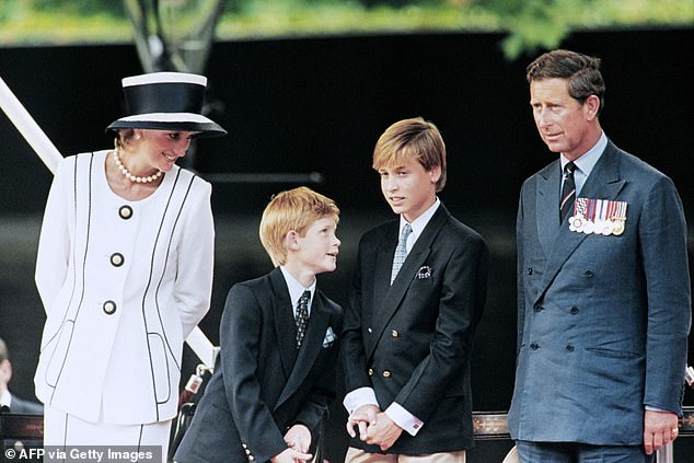 Pictured: Prince Charles, Princess Diana and their children watch the march past on a dais on the mall as part of the commemorations of VJ Day in August 1995