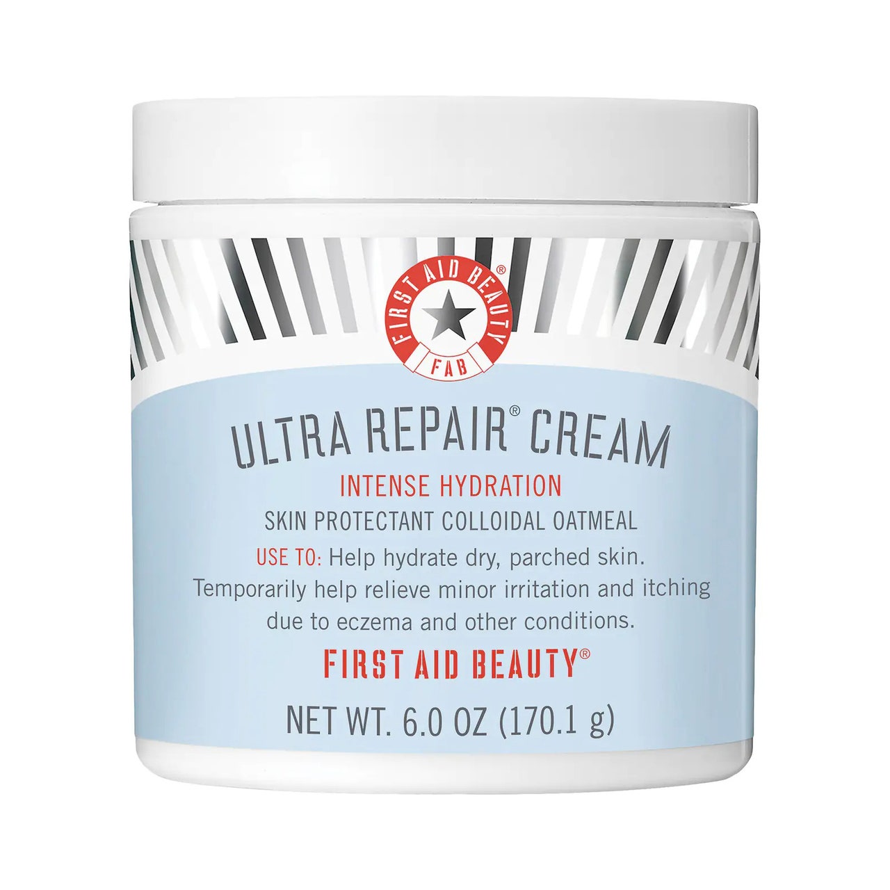 Erste Hilfe Beauty Ultra Repair Cream hellblau-weißes Glas mit silbernen Streifen auf weißem Hintergrund
