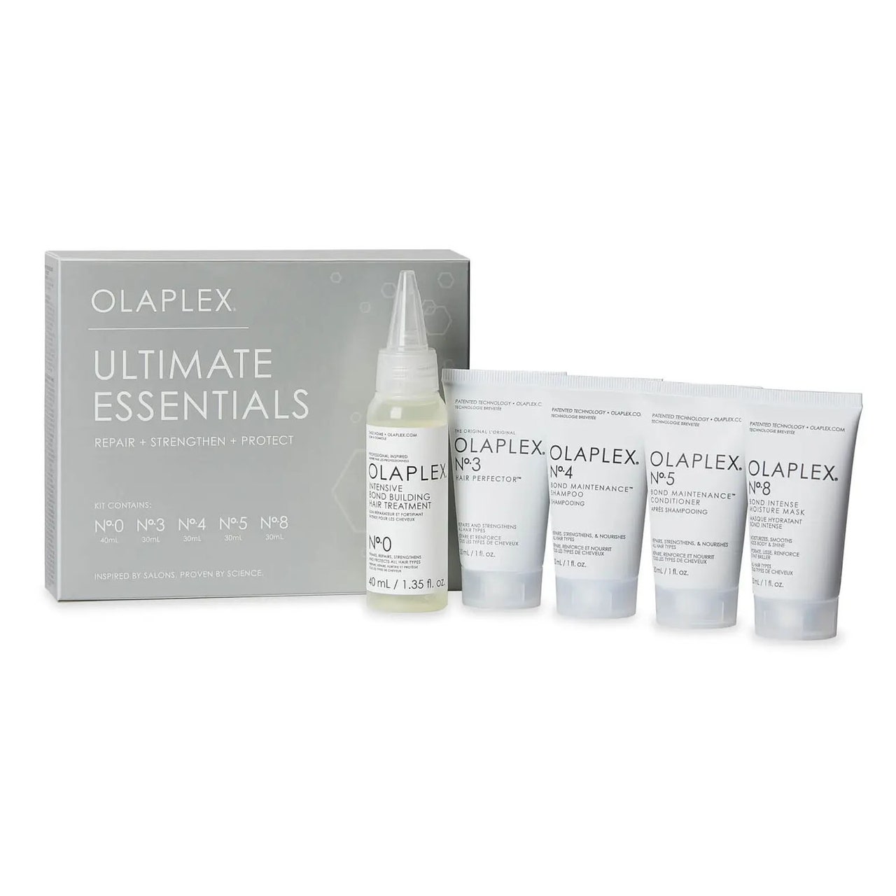 Olaplex Ultimate Essentials Kit fünf Produkte mit grauer Box auf weißem Hintergrund