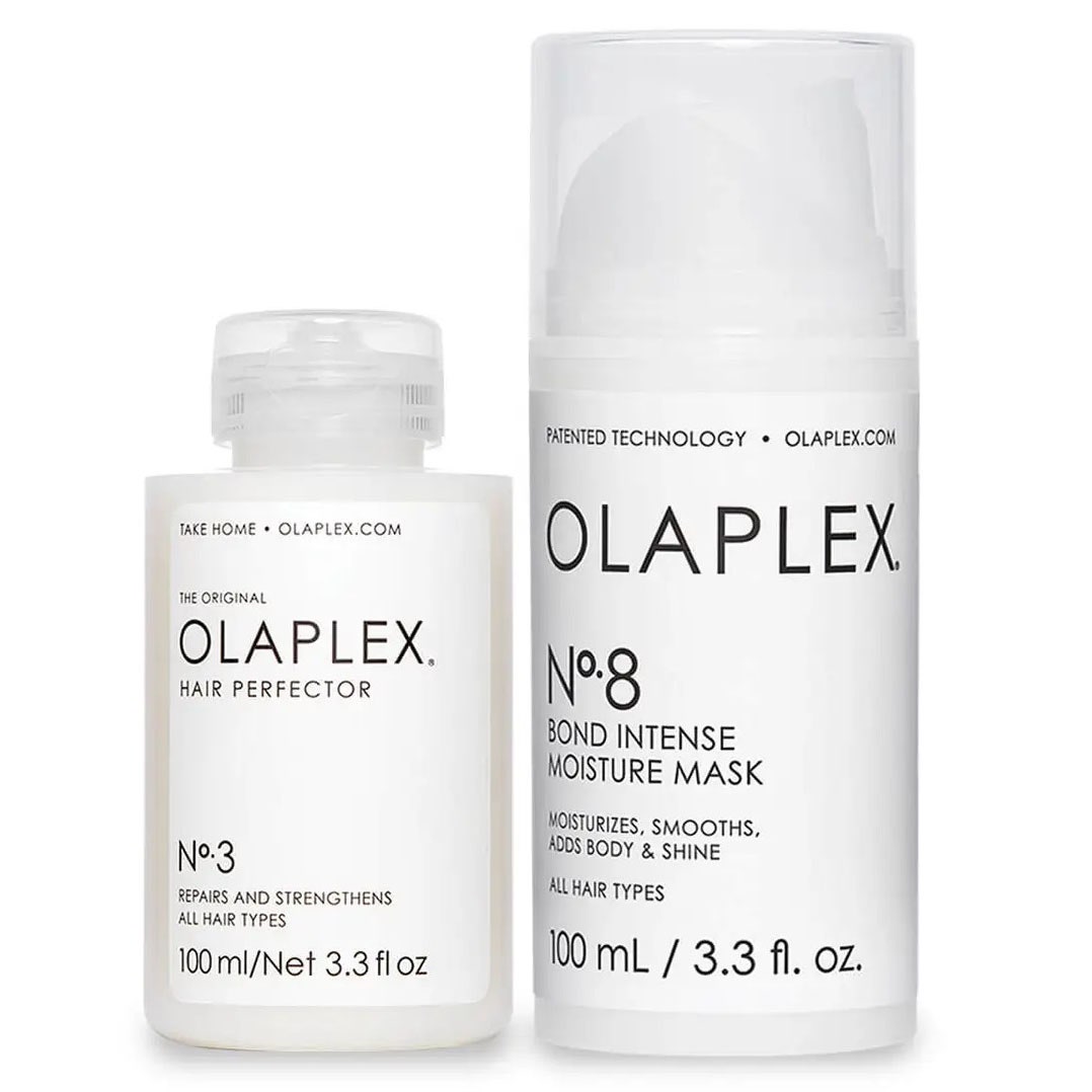 Olaplex No.3 und No.8 Duo zwei weiße Flaschen auf weißem Hintergrund