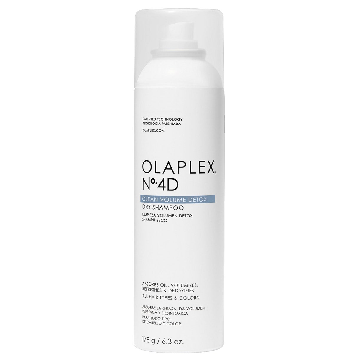 Olaplex No.4D Clean Volume Detox Dry Shampoo Sprühflasche auf weißem Hintergrund