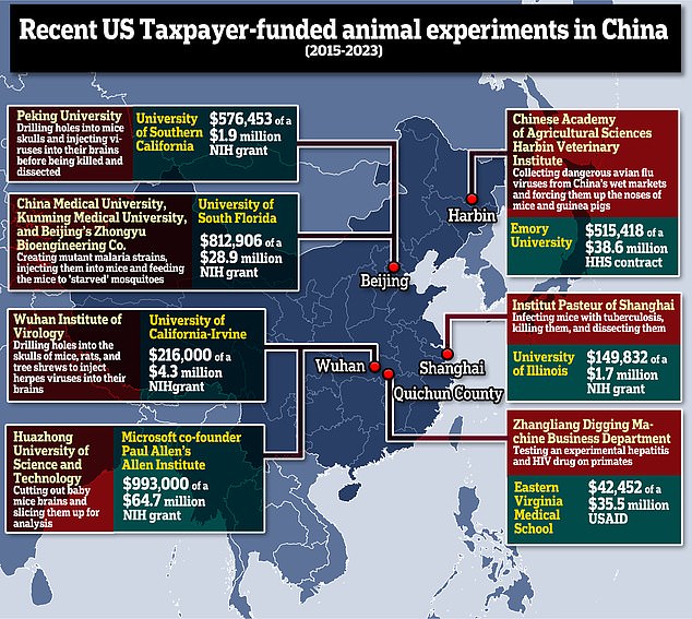 Zwischen 2015 und 2023 stellten mindestens sieben US-amerikanische Einrichtungen NIH-Zuschüsse in Höhe von insgesamt 3.306.061 US-Dollar an Labore in China zur Verfügung, die Tierversuche durchführten