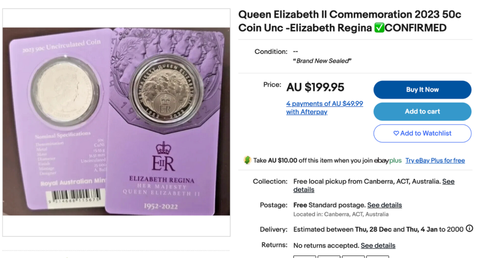 eBay-Angebot für eine Königin-Elizabeth-II.-Münze für jeweils 199,95 $.