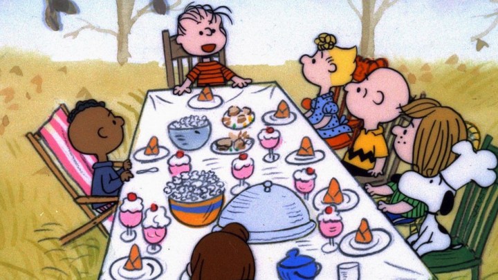 The Peanuts gang has a modest Thanksgiving meal together in A Charlie Brown Thanksgiving.