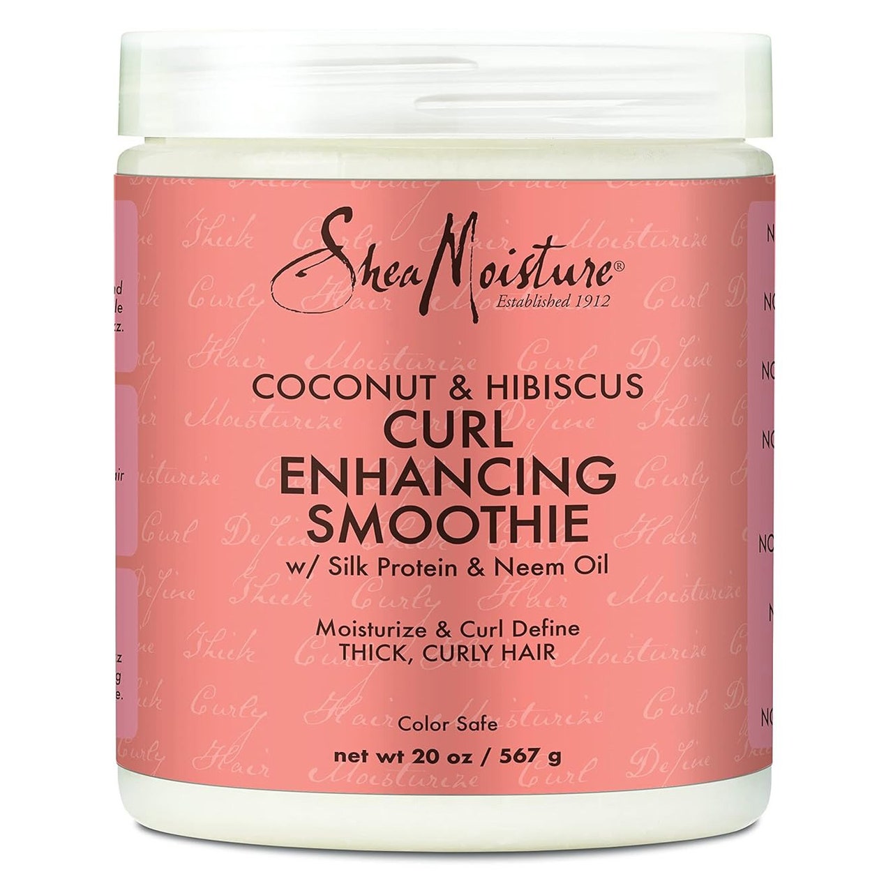Shea Moisture Curl Enhancing Smoothie, weißes Glas mit rosa Etikett auf weißem Hintergrund