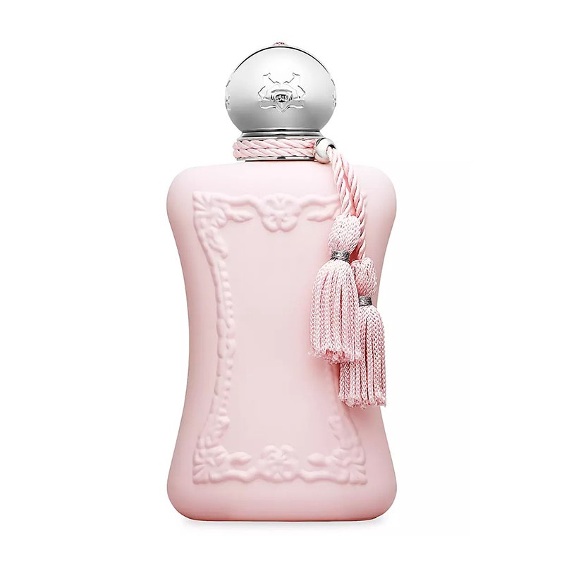 Eine rosa Flasche des Parfums de Marly Delina Eau de Parfum auf weißem Hintergrund