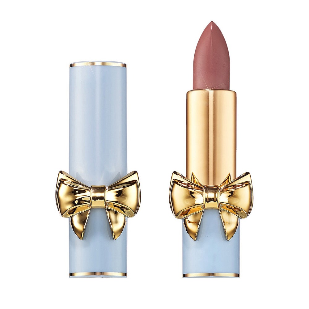 Pat McGrath Labs SatinAllure Lipstick in Nude Romantique 2 open tube on white background