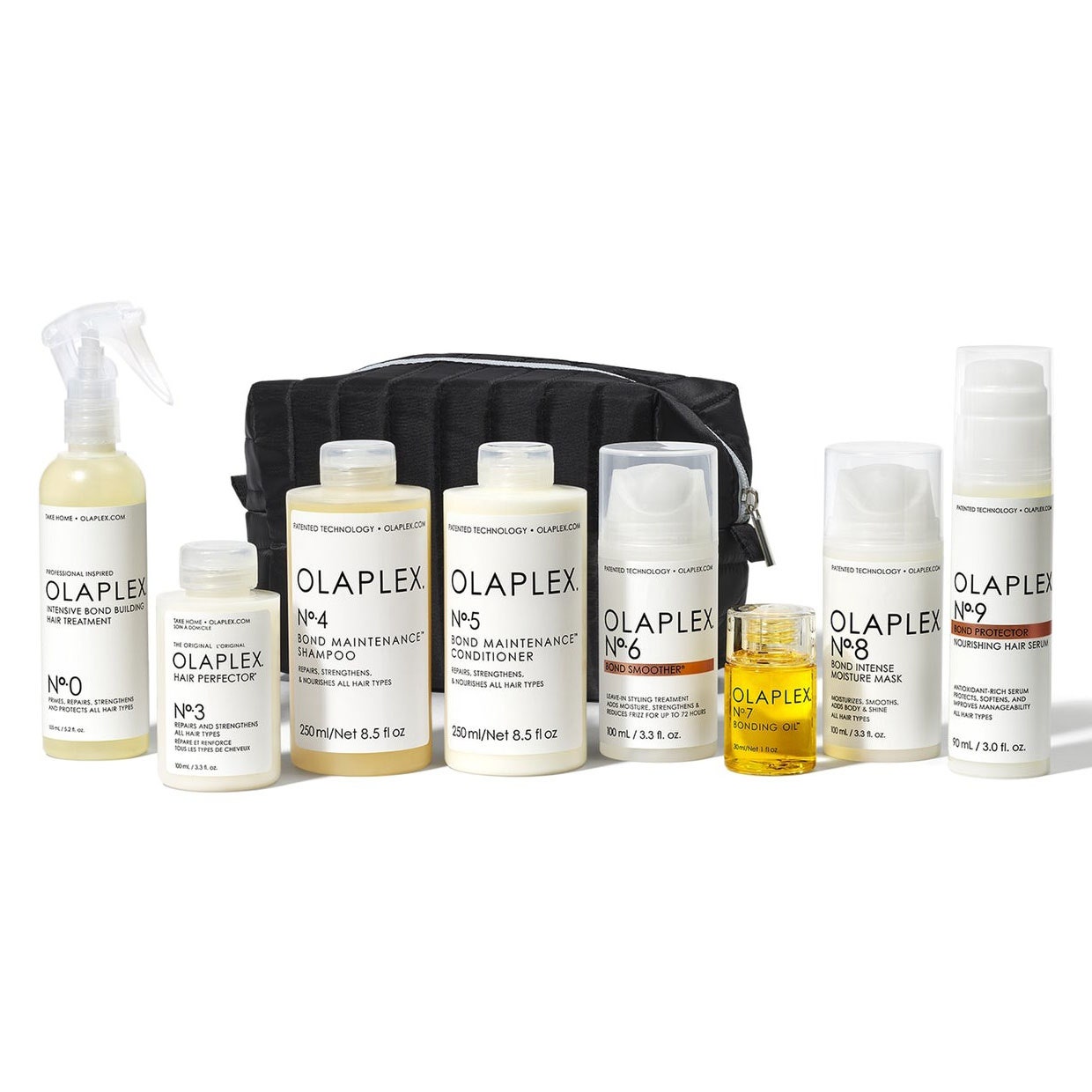 Olaplex Complete Hair Repair System 8 Produkte und schwarze Tasche auf weißem Hintergrund
