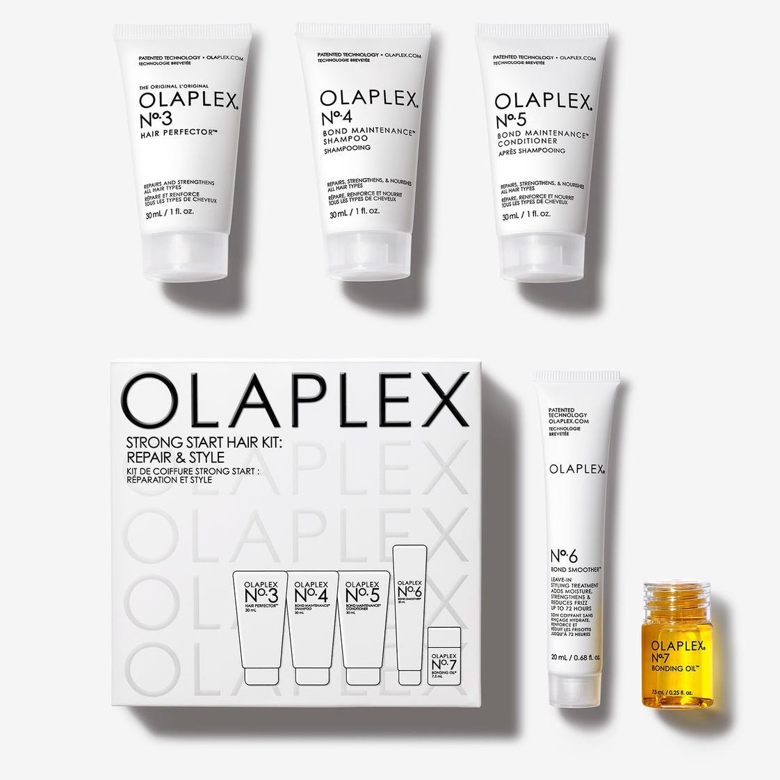 Olaplex Strong Start Hair Kit fünf Produkte und weiße Box auf weißem Hintergrund