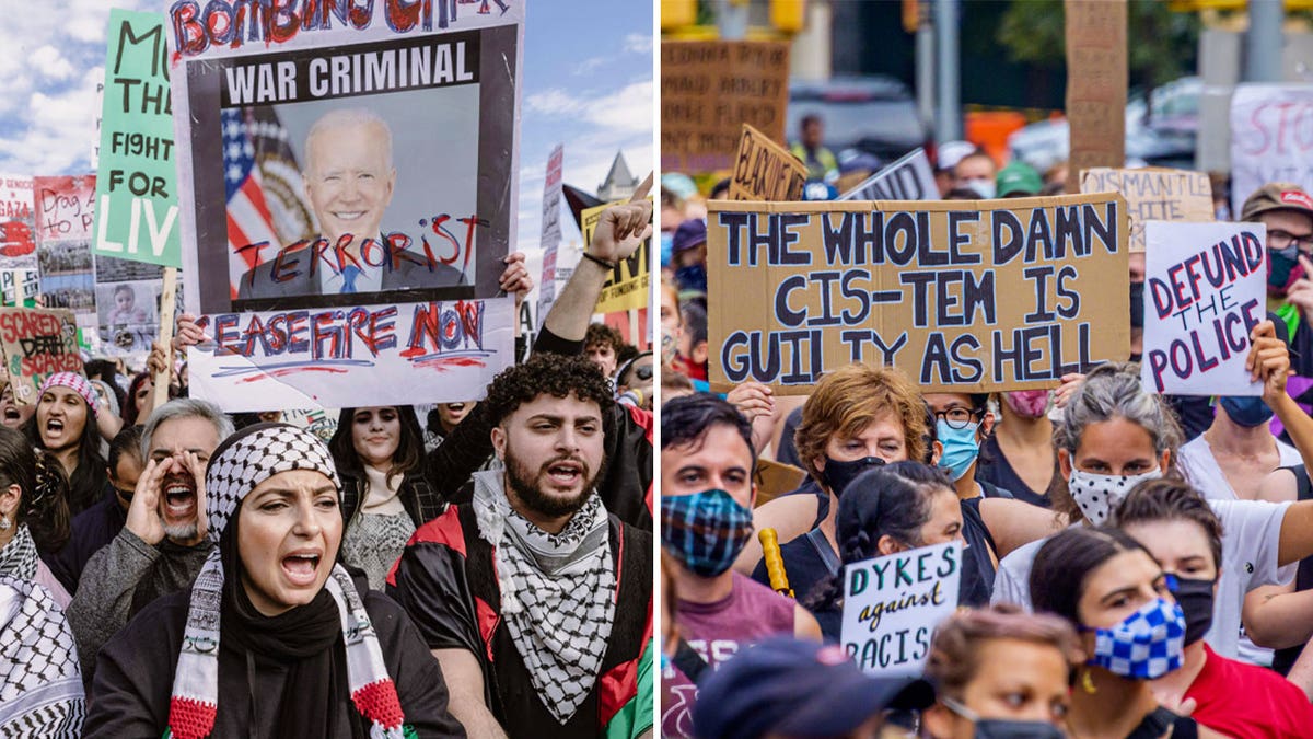 Anti-Israel-Protest mit Joe Biden "Kriegsverbrecher" Schild links abgebildet