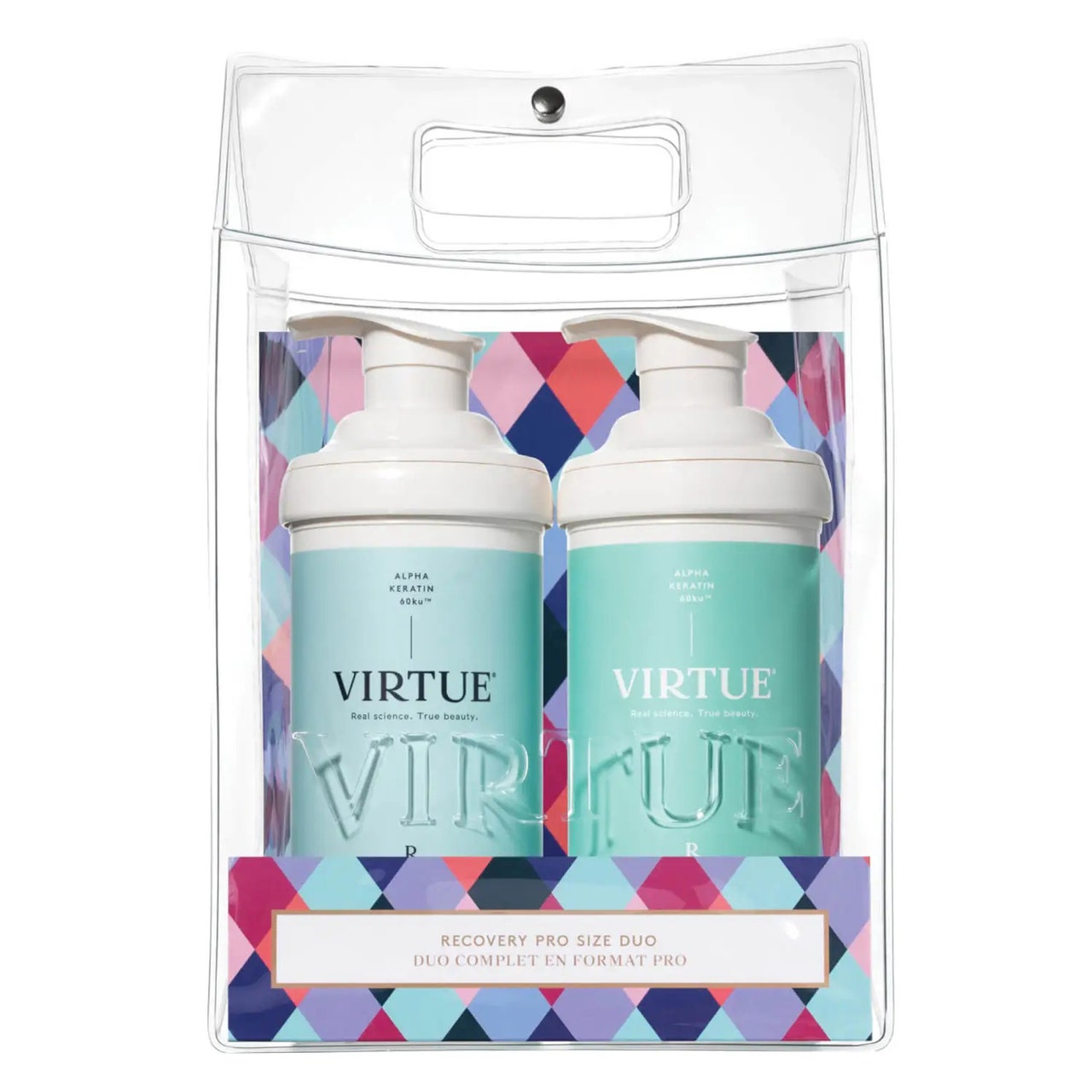 Virtue Celebrate Hair Repair Recovery Pro Size Duo Plastiktüte mit zwei großen Minzflaschen Shampoo und Spülung auf weißem Hintergrund
