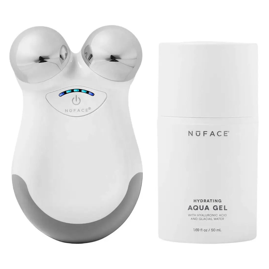 NuFace Mini Starter Kit weißes Mikrostrom-Gesichtsgerät und Flasche auf weißem Hintergrund