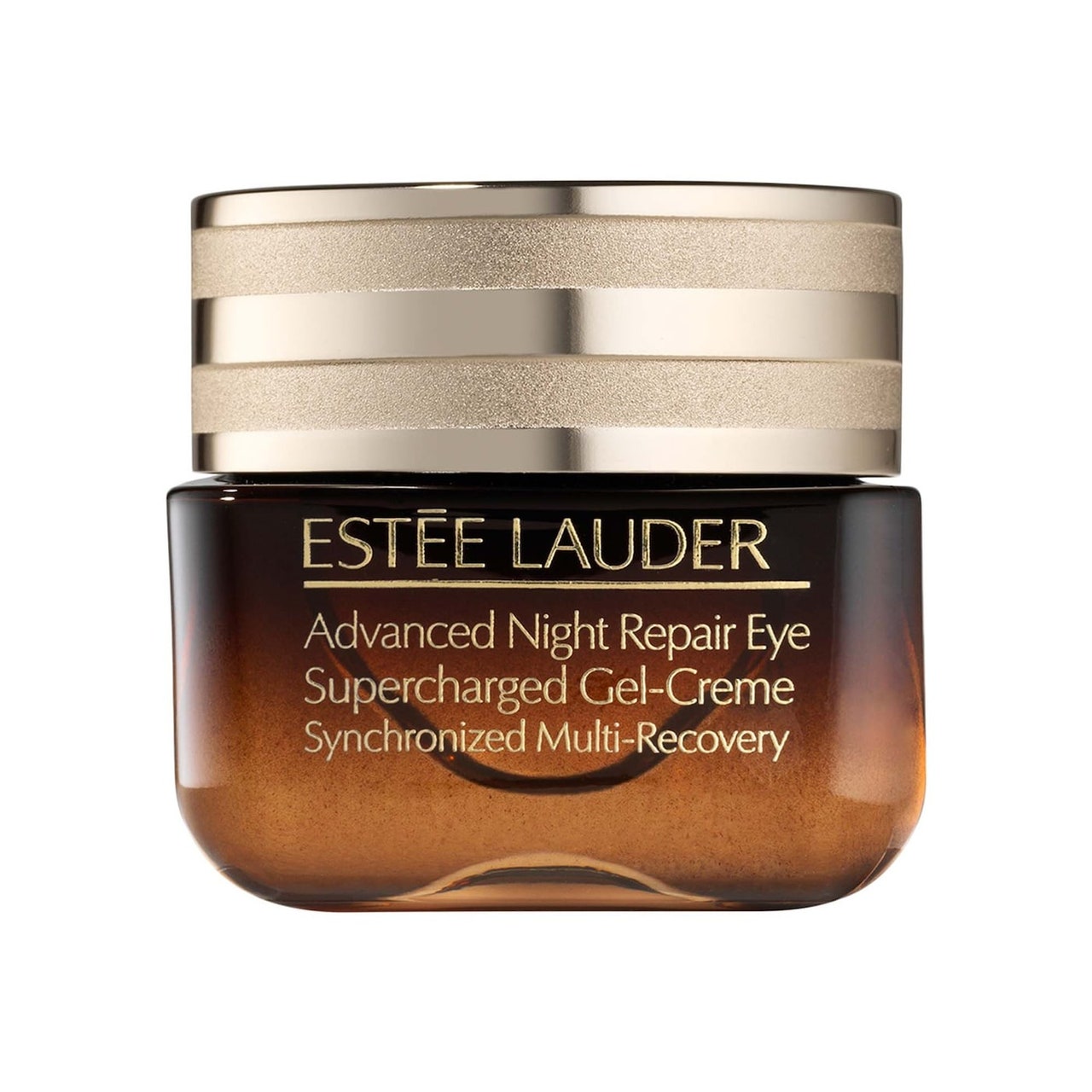 Estée Lauder Advanced Night Repair Eye Supercharged Gel-Creme braunes Glas mit goldenem Deckel auf weißem Hintergrund