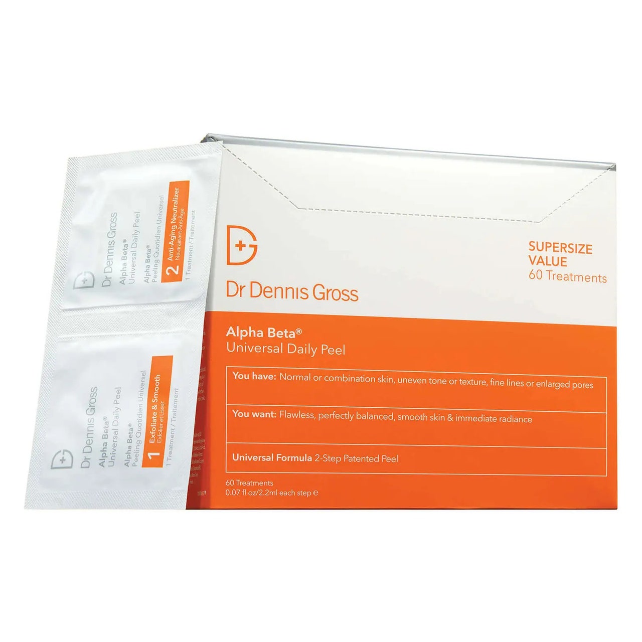 Dr. Dennis Gross Alpha Beta Universal Daily Peel orange-weiße Schachtel und weiße Beutel mit Gesichtspeeling auf weißem Hintergrund